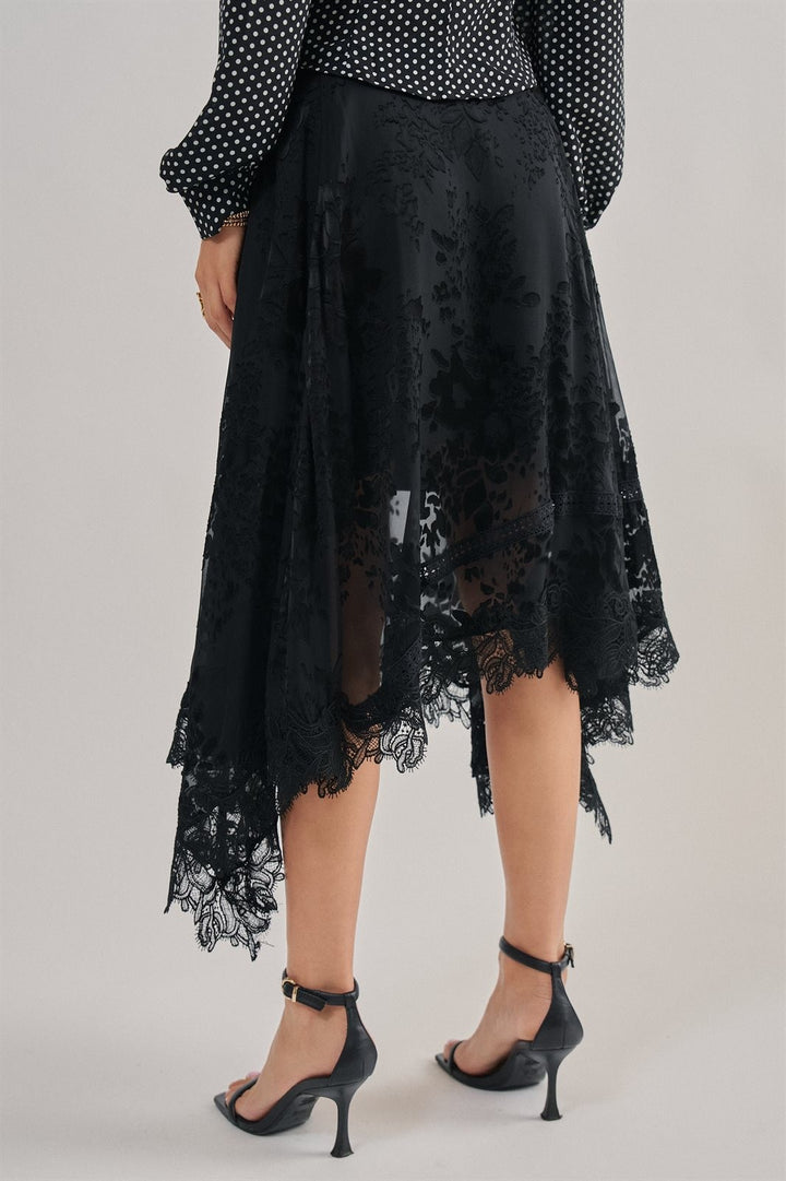 Burnout Floral Midi Skirt With Scalloped Lace Hem in Black - Women's Wholesale Midi Skirts | Trend Notes