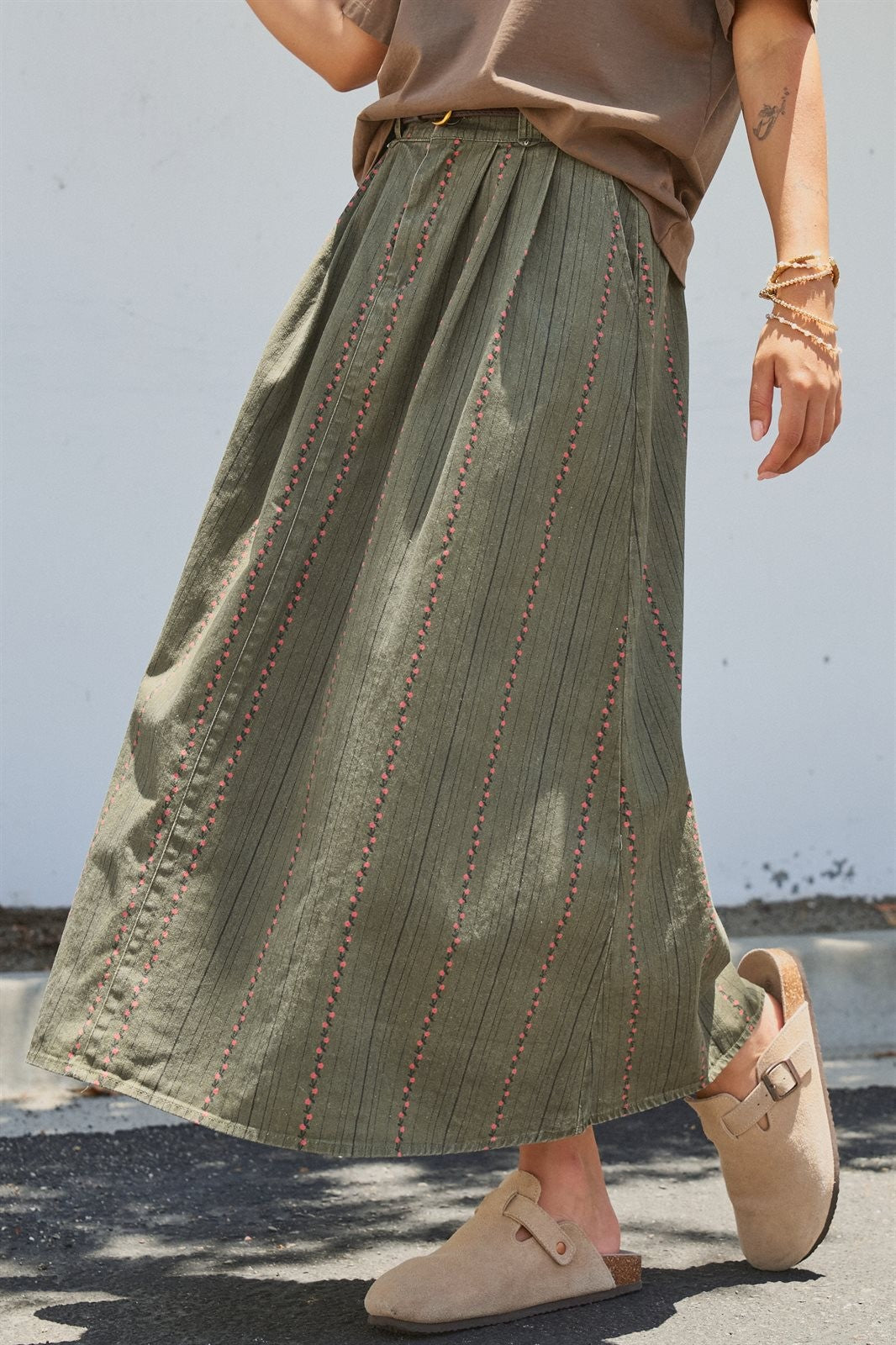 Olive Floral Embroidered Belted Midi Skirt in Western Boho in Olive - Women's Wholesale Skirts | Trend Notes