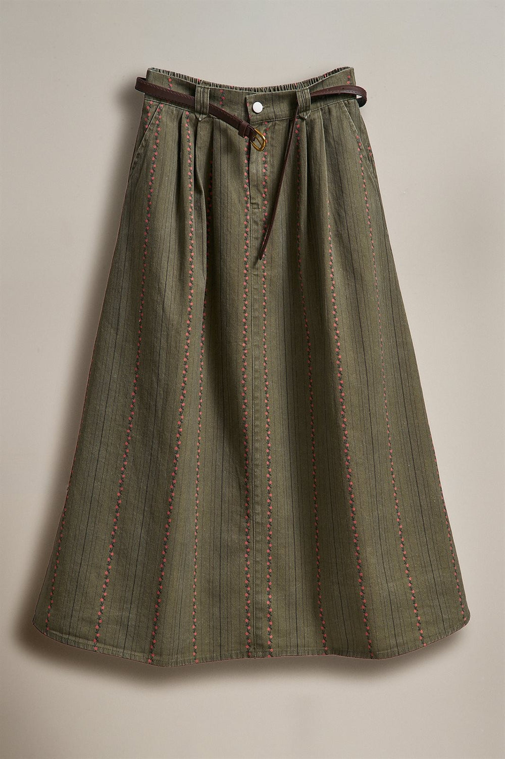 Olive Floral Embroidered Belted Midi Skirt in Western Boho in Olive - Women's Wholesale Skirts | Trend Notes