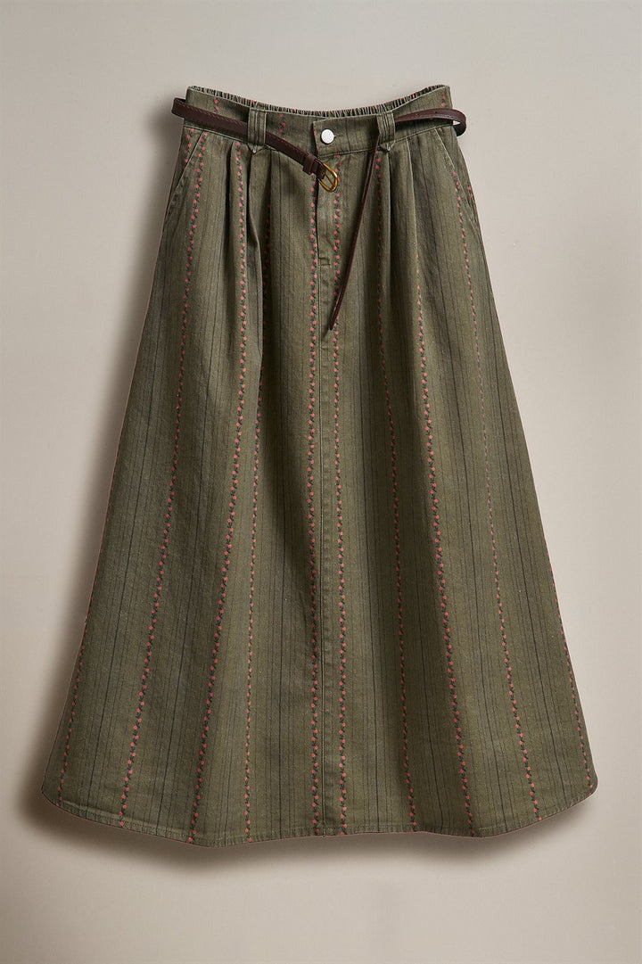 Olive Floral Embroidered Belted Midi Skirt in Western Boho in Olive - Women's Wholesale Skirts | Trend Notes
