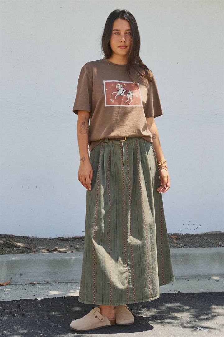 Olive Floral Embroidered Belted Midi Skirt in Western Boho in Olive - Women's Wholesale Skirts | Trend Notes
