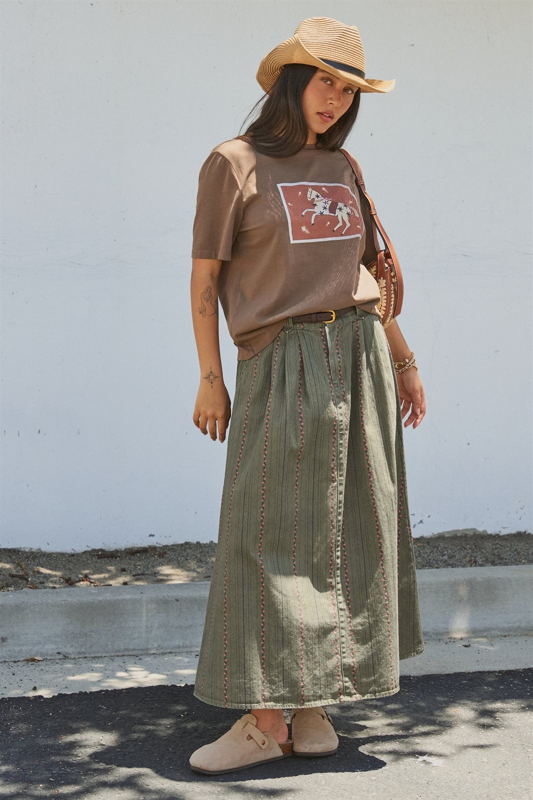 Olive Floral Embroidered Belted Midi Skirt in Western Boho in Olive - Women's Wholesale Skirts | Trend Notes