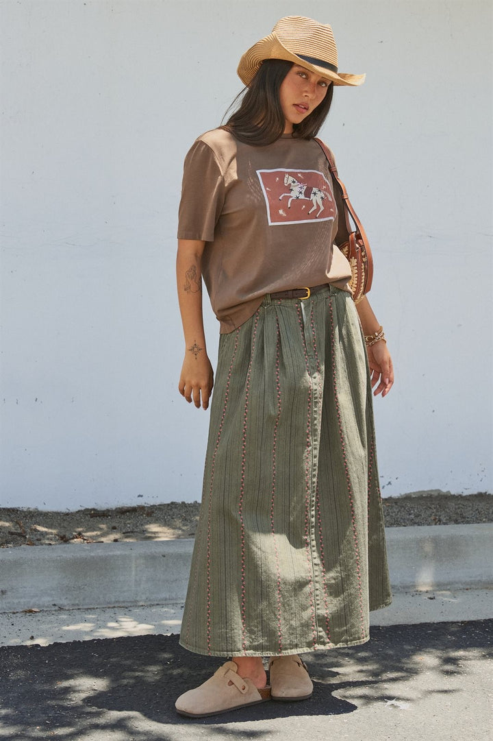 Olive Floral Embroidered Belted Midi Skirt in Western Boho in Olive - Women's Wholesale Skirts | Trend Notes