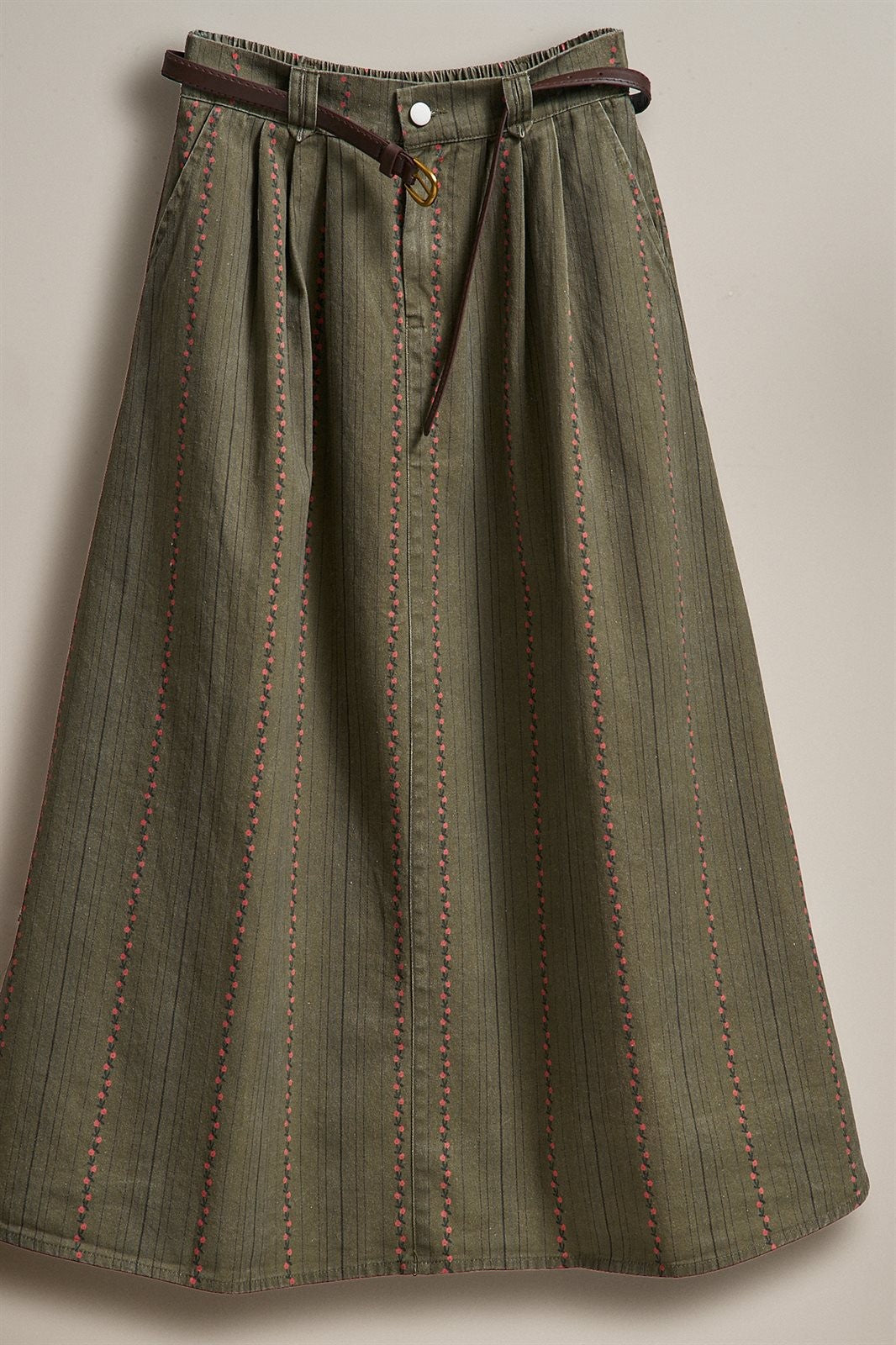 Olive Floral Embroidered Belted Midi Skirt in Western Boho in Olive - Women's Wholesale Skirts | Trend Notes
