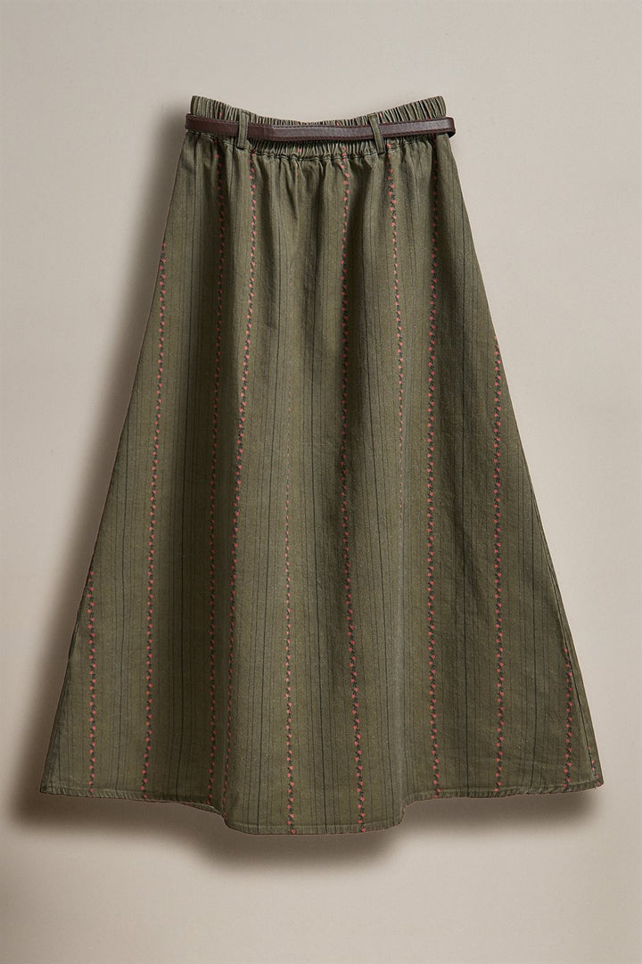 Olive Floral Embroidered Belted Midi Skirt in Western Boho in Olive - Women's Wholesale Skirts | Trend Notes