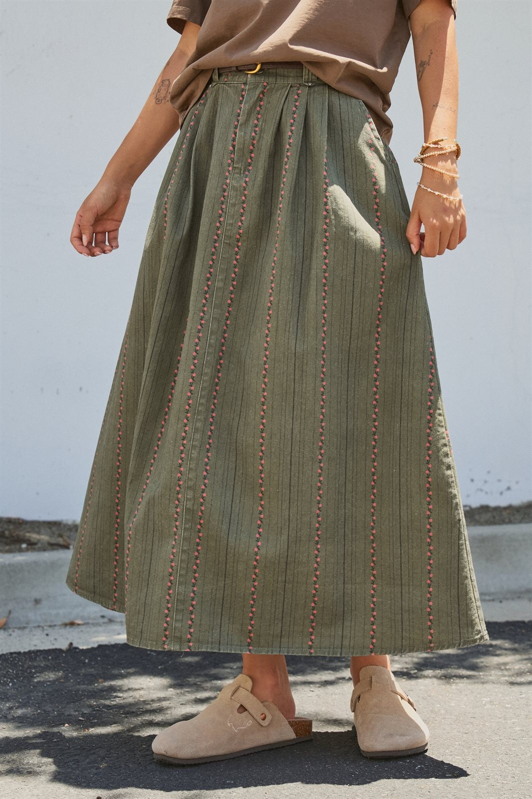 Olive Floral Embroidered Belted Midi Skirt in Western Boho in Olive - Women's Wholesale Skirts | Trend Notes
