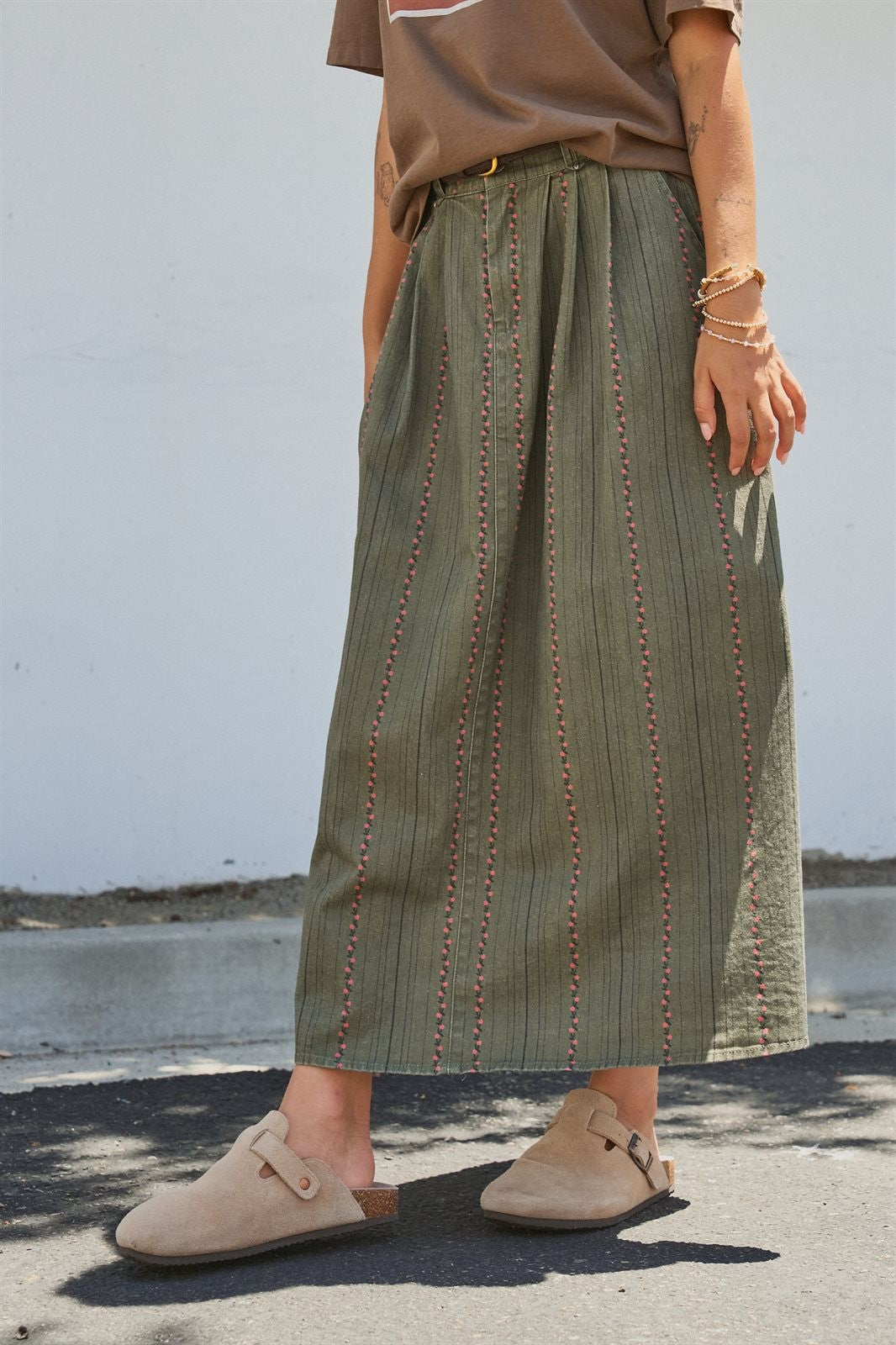 Olive Floral Embroidered Belted Midi Skirt in Western Boho in Olive - Women's Wholesale Skirts | Trend Notes