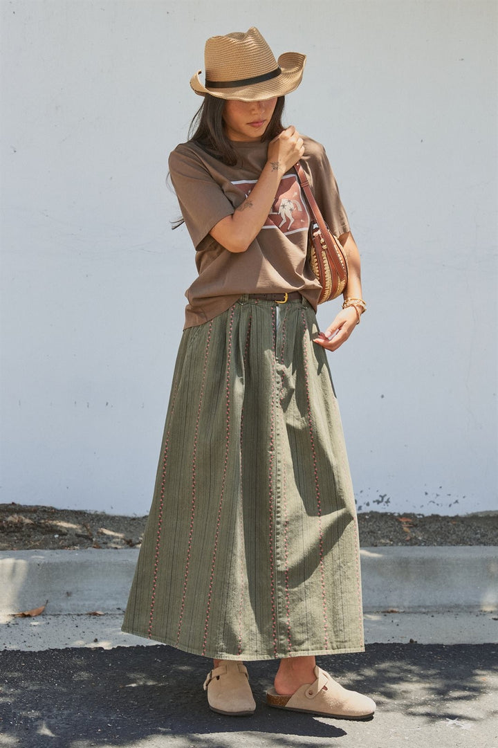 Olive Floral Embroidered Belted Midi Skirt in Western Boho in Olive - Women's Wholesale Skirts | Trend Notes