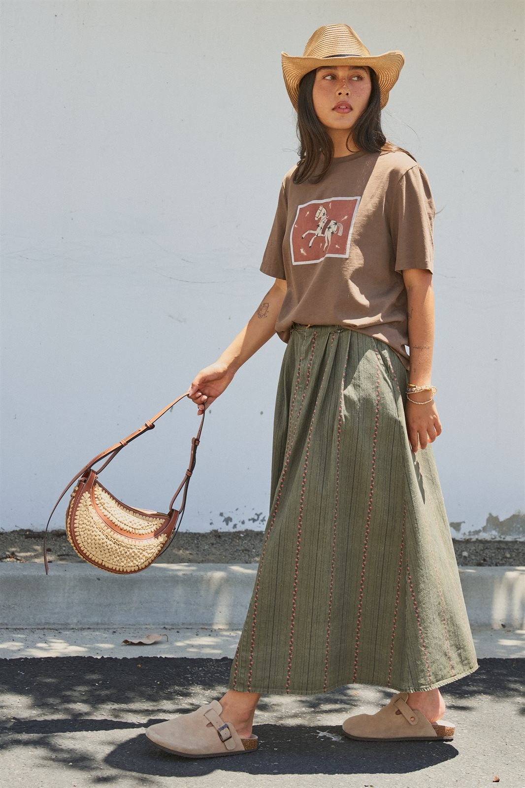 Olive Floral Embroidered Belted Midi Skirt in Western Boho in Olive - Women's Wholesale Skirts | Trend Notes