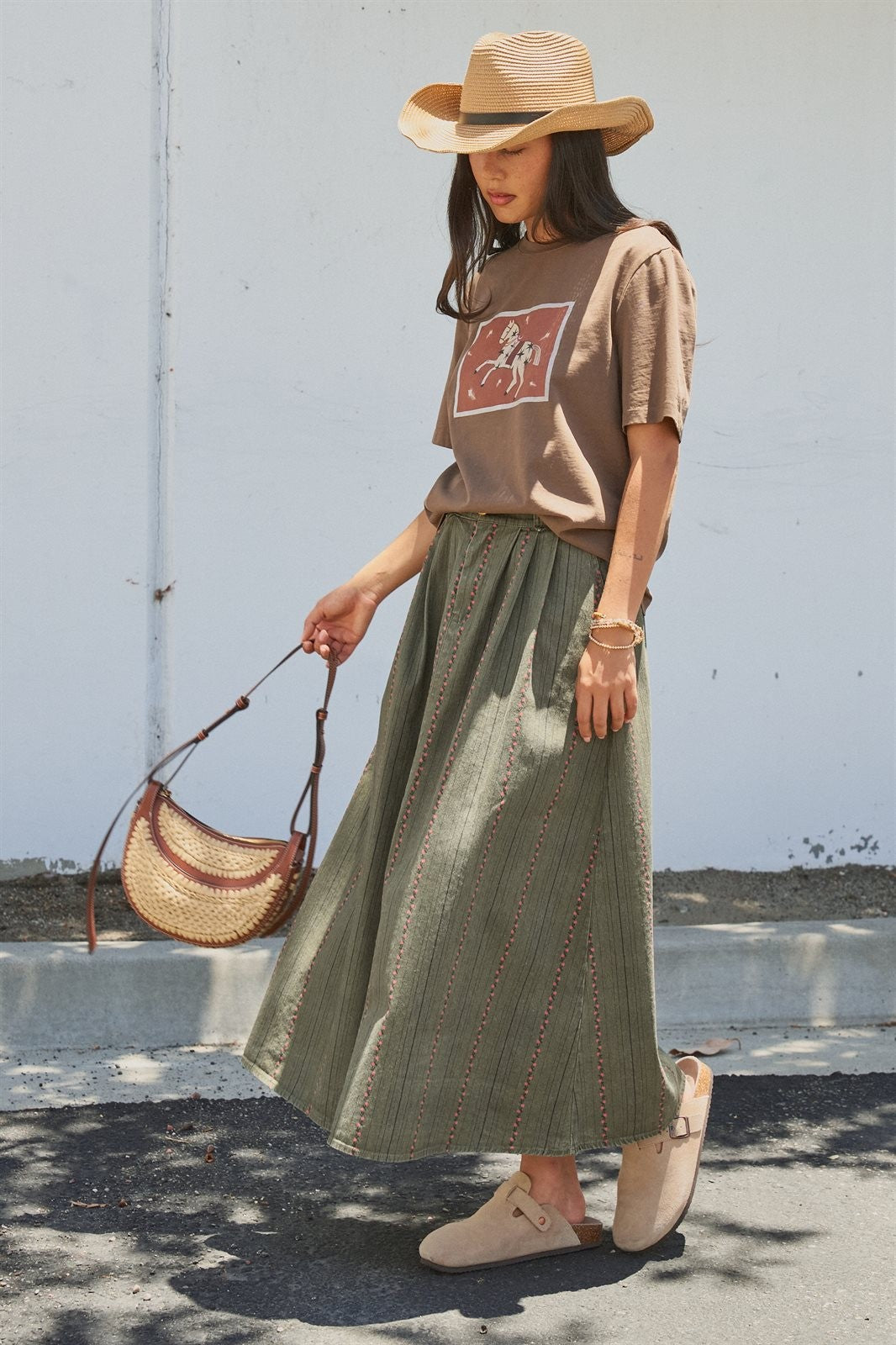 Olive Floral Embroidered Belted Midi Skirt in Western Boho in Olive - Women's Wholesale Skirts | Trend Notes