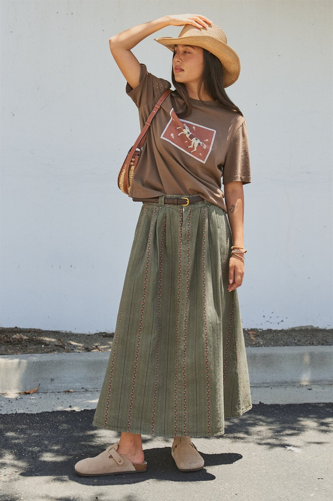 Olive Floral Embroidered Belted Midi Skirt in Western Boho in Olive - Women's Wholesale Skirts | Trend Notes