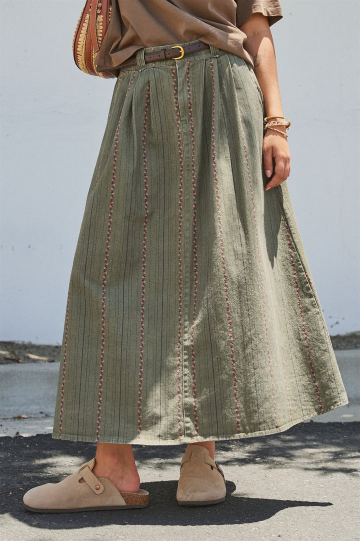 Olive Floral Embroidered Belted Midi Skirt in Western Boho in Olive - Women's Wholesale Skirts | Trend Notes