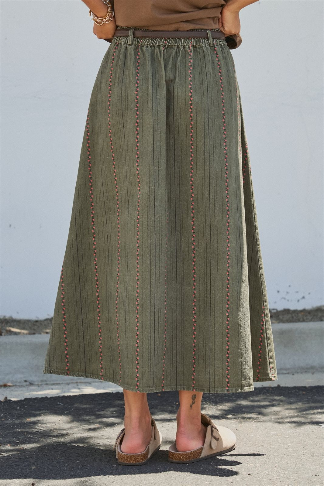 Olive Floral Embroidered Belted Midi Skirt in Western Boho in Olive - Women's Wholesale Skirts | Trend Notes
