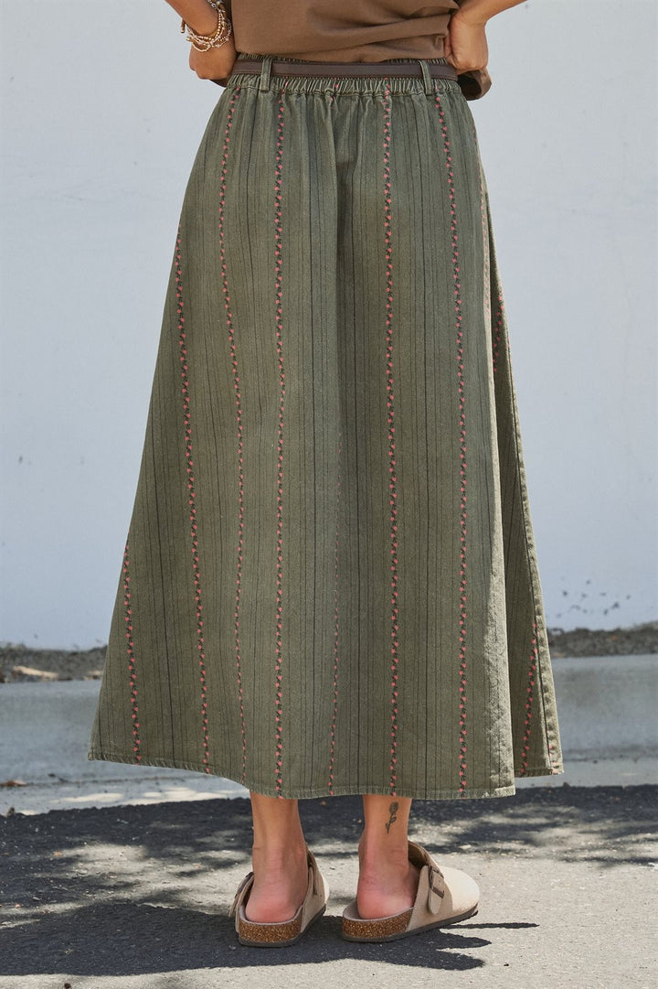 Olive Floral Embroidered Belted Midi Skirt in Western Boho in Olive - Women's Wholesale Skirts | Trend Notes