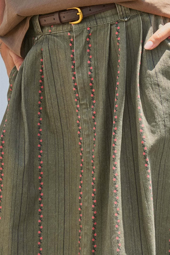 Olive Floral Embroidered Belted Midi Skirt in Western Boho in Olive - Women's Wholesale Skirts | Trend Notes