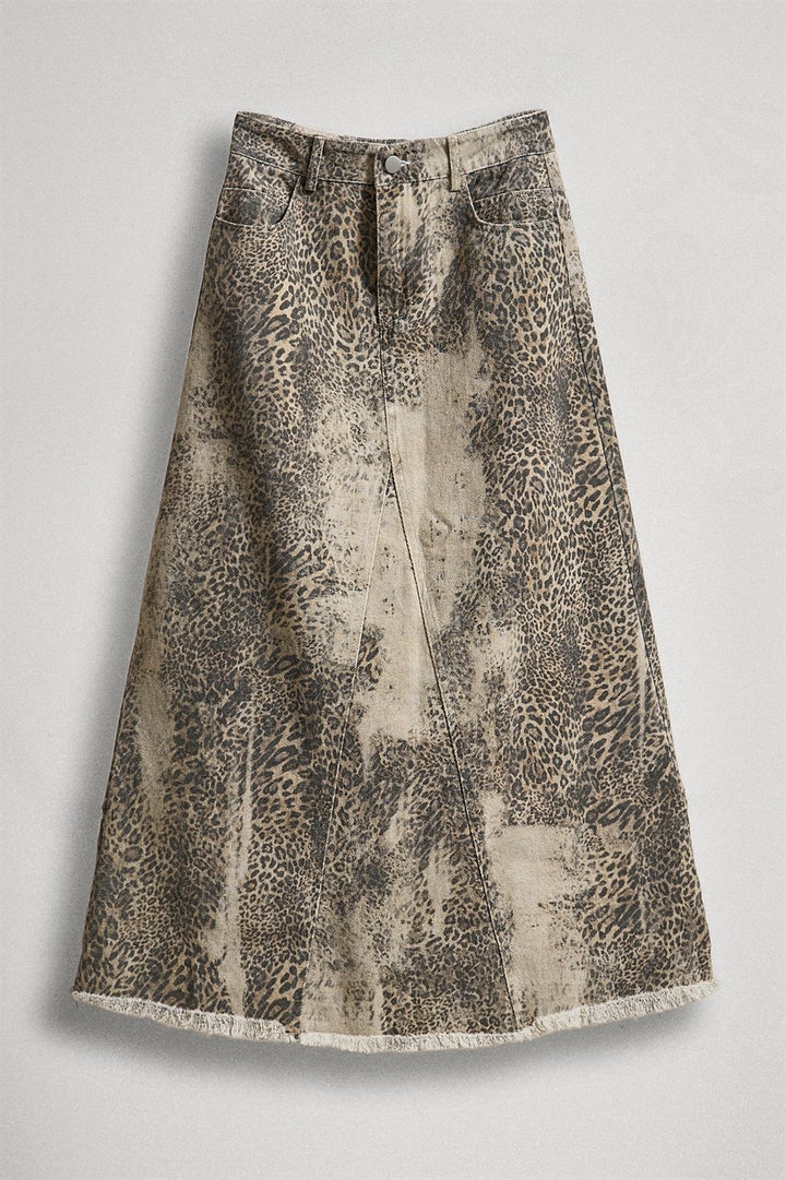 Leopard Print Vintage Wash Denim Maxi Skirt with Frayed Hem in Leopard - Women's Wholesale Skirts | Trend Notes