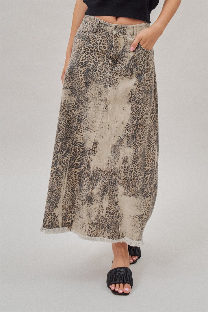 Leopard Print Vintage Wash Denim Maxi Skirt with Frayed Hem in Leopard - Women's Wholesale Skirts | Trend Notes