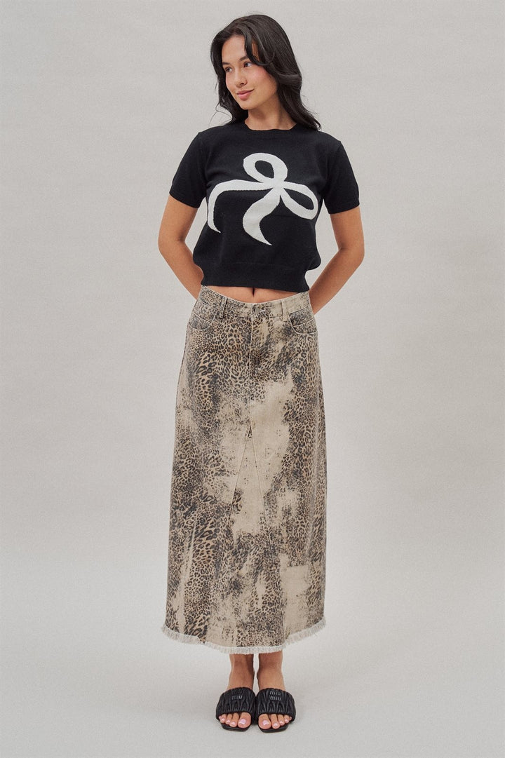 Leopard Print Vintage Wash Denim Maxi Skirt with Frayed Hem in Leopard - Women's Wholesale Skirts | Trend Notes