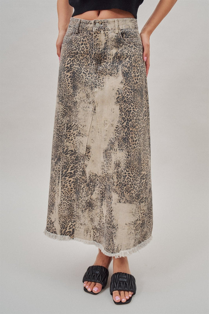 Leopard Print Vintage Wash Denim Maxi Skirt with Frayed Hem in Leopard - Women's Wholesale Skirts | Trend Notes