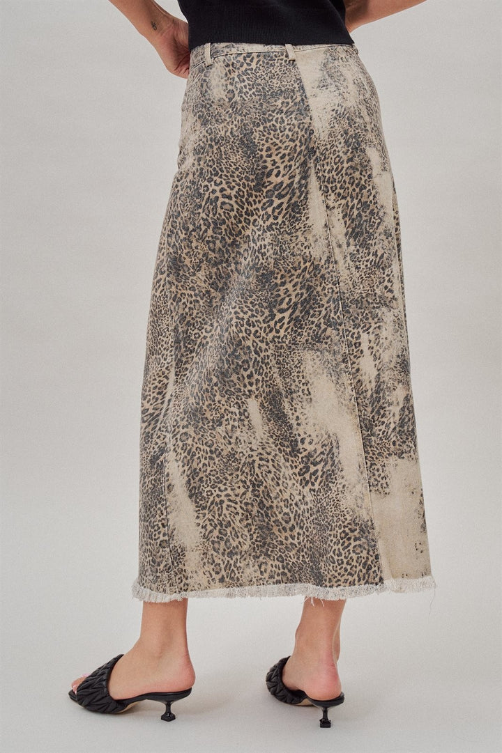Leopard Print Vintage Wash Denim Maxi Skirt with Frayed Hem in Leopard - Women's Wholesale Skirts | Trend Notes