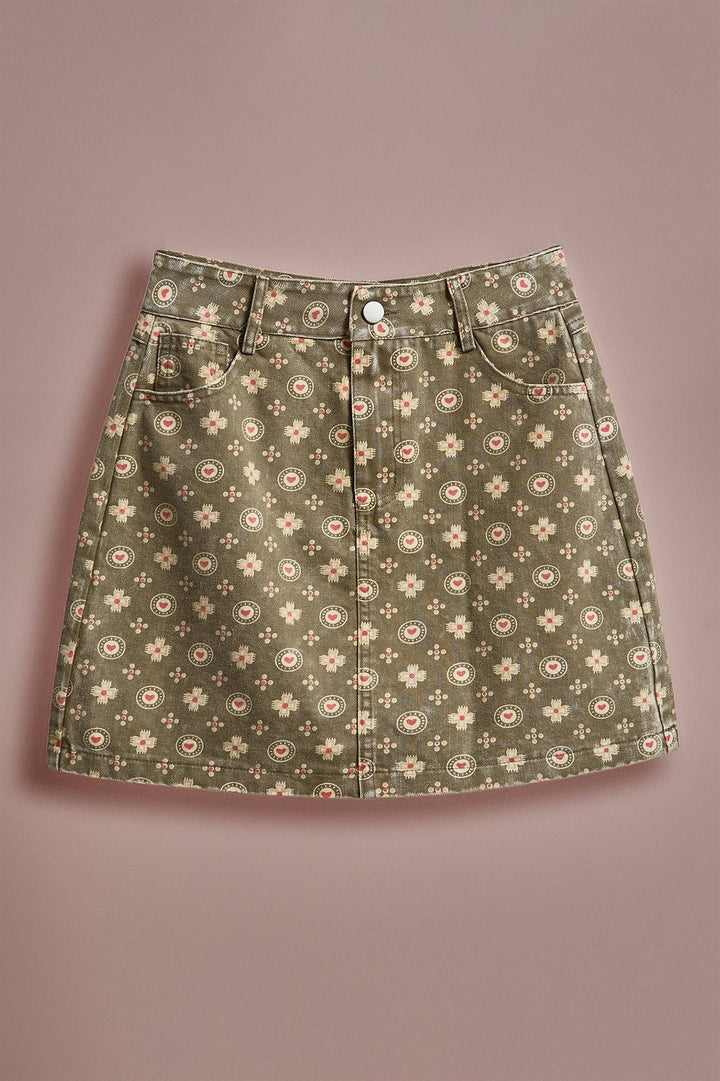 Folk Heart Print Vintage Mini Skirt in Olive Green - Women's Wholesale Skirts | Trend Notes