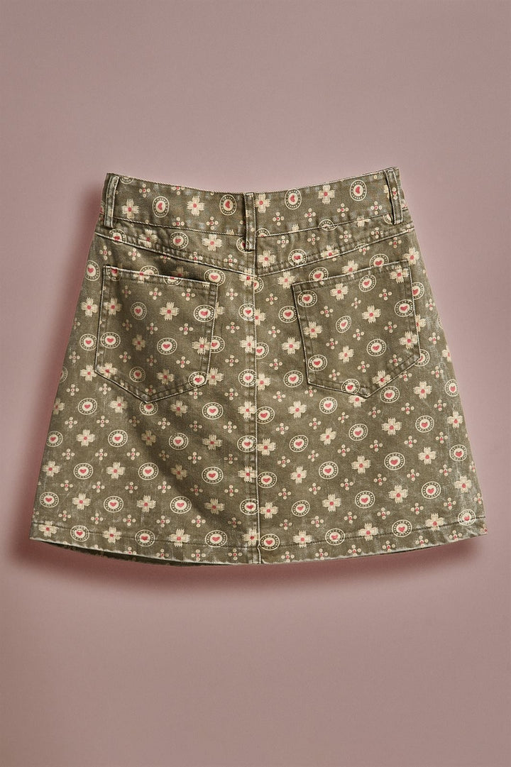 Folk Heart Print Vintage Mini Skirt in Olive Green - Women's Wholesale Skirts | Trend Notes
