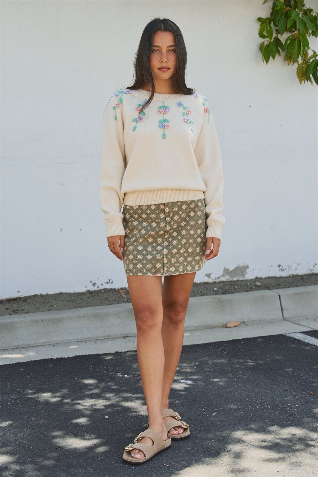Folk Heart Print Vintage Mini Skirt in Olive Green - Women's Wholesale Skirts | Trend Notes