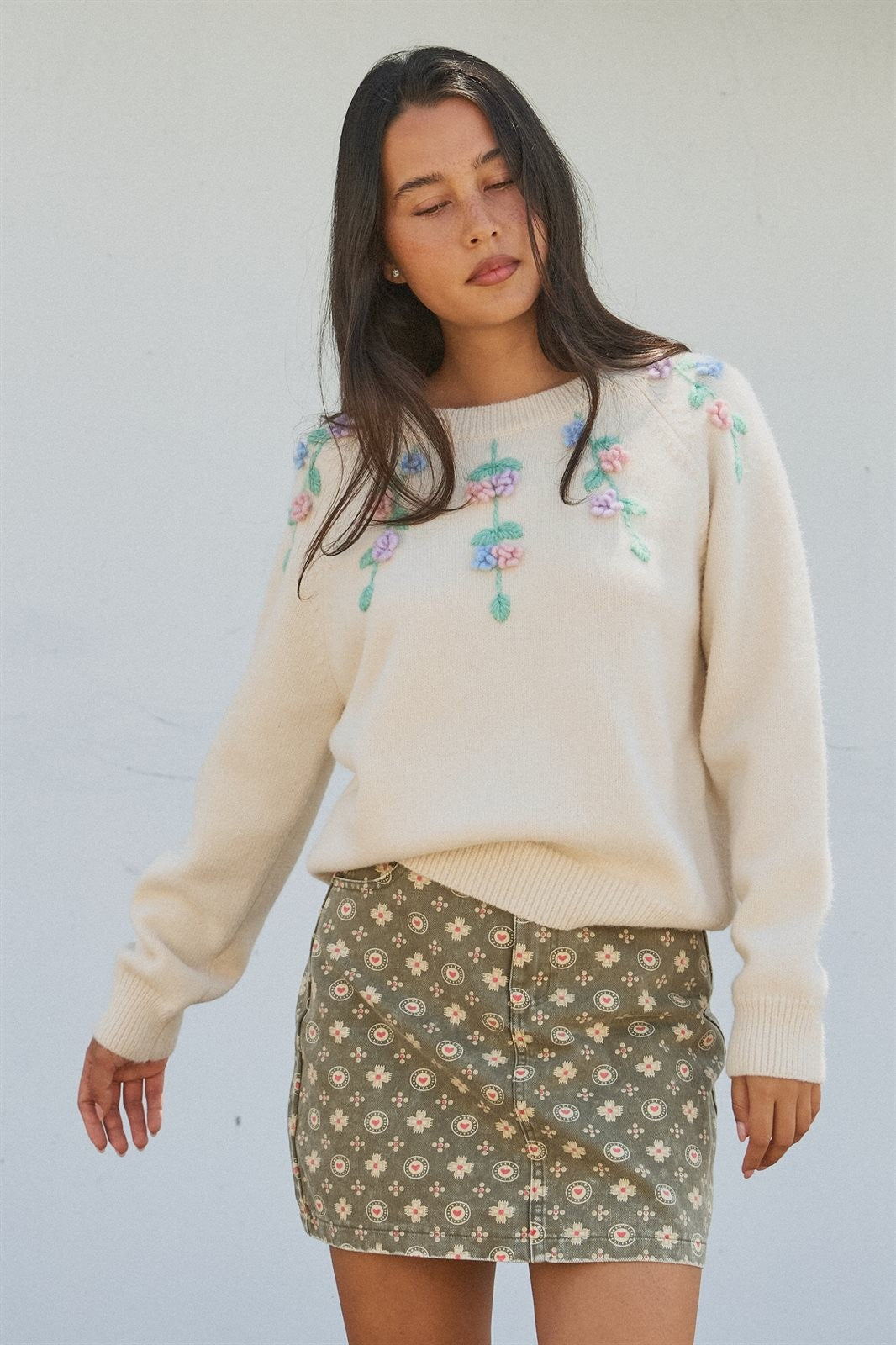 Folk Heart Print Vintage Mini Skirt in Olive Green - Women's Wholesale Skirts | Trend Notes