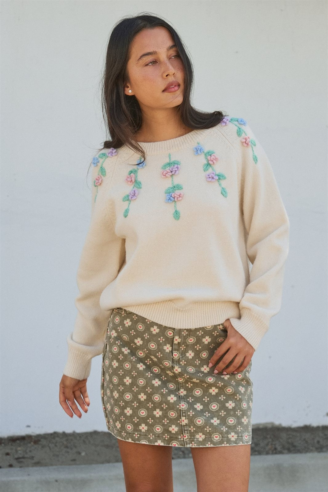 Folk Heart Print Vintage Mini Skirt in Olive Green - Women's Wholesale Skirts | Trend Notes