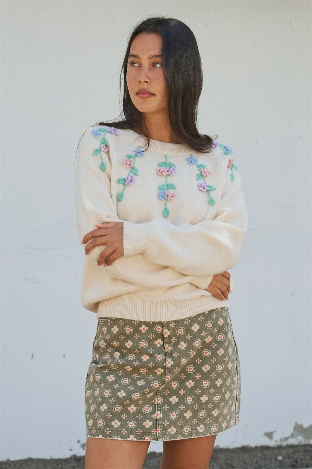 Folk Heart Print Vintage Mini Skirt in Olive Green - Women's Wholesale Skirts | Trend Notes