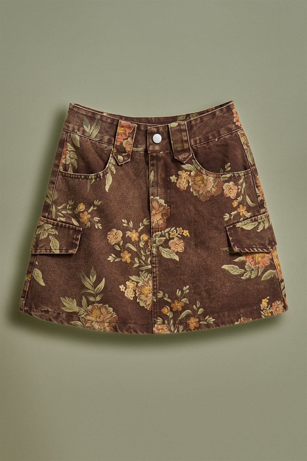 Vintage Floral Print Cargo Mini Skirt in Boho Cottagecore in Brown - Women's Wholesale Skirts | Trend Notes