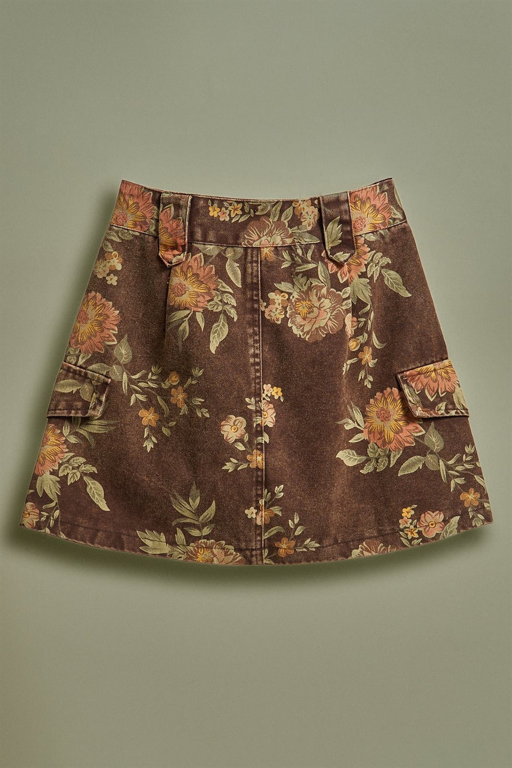 Vintage Floral Print Cargo Mini Skirt in Boho Cottagecore in Brown - Women's Wholesale Skirts | Trend Notes