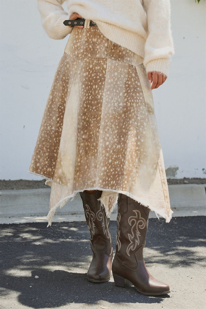 Fawn Bambi Print Hi Low Maxi Skirt Boho Western Cowgirl  in Khaki - Women's Wholesale Skirts | Trend Notes