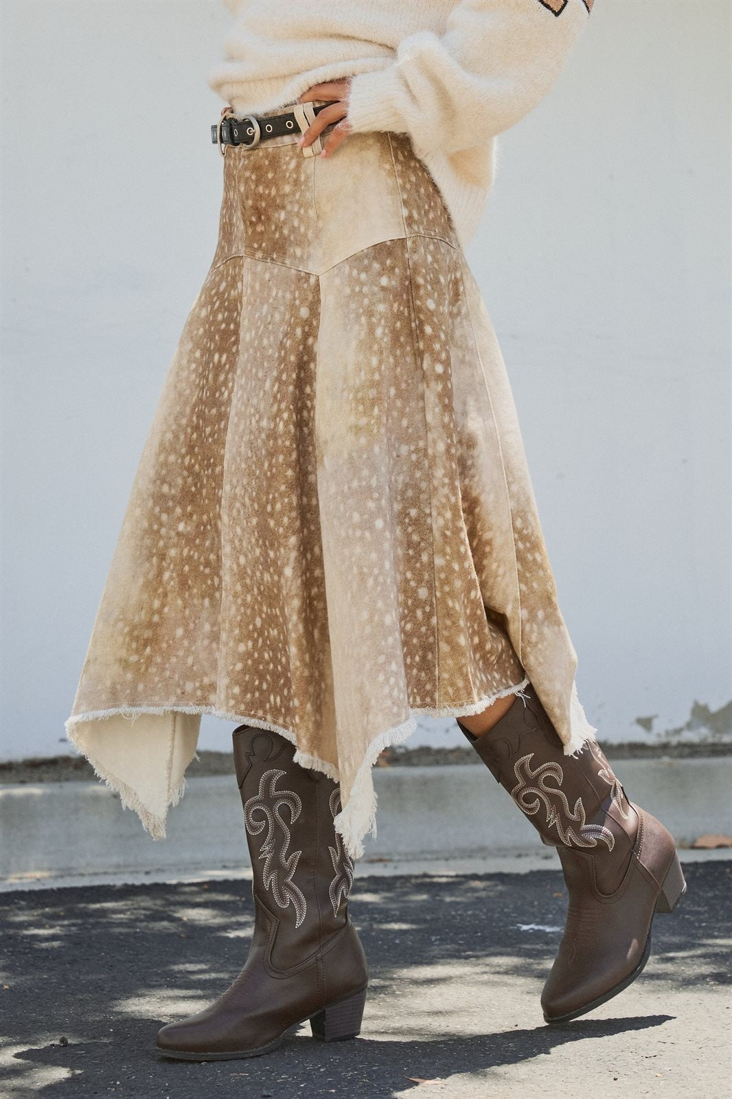 Fawn Bambi Print Hi Low Maxi Skirt Boho Western Cowgirl  in Khaki - Women's Wholesale Skirts | Trend Notes