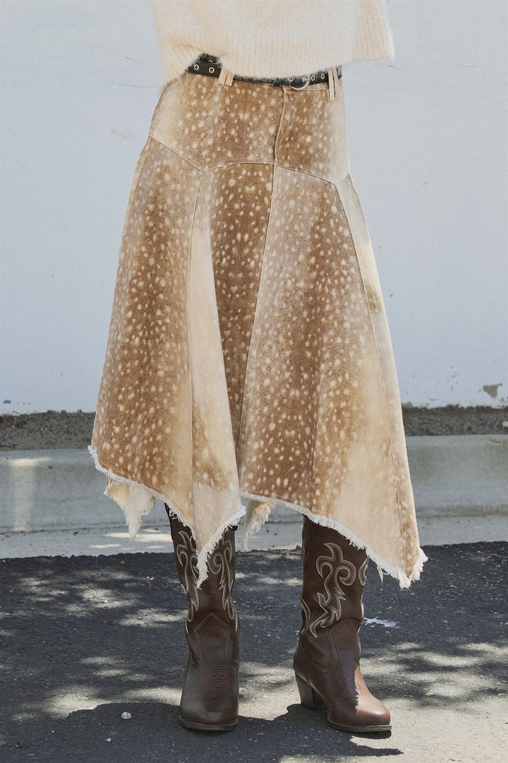 Fawn Bambi Print Hi Low Maxi Skirt Boho Western Cowgirl  in Khaki - Women's Wholesale Skirts | Trend Notes