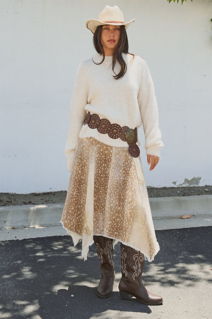 Fawn Bambi Print Hi Low Maxi Skirt Boho Western Cowgirl  in Khaki - Women's Wholesale Skirts | Trend Notes