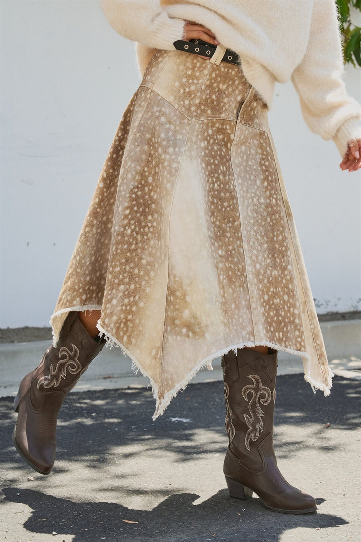 Fawn Bambi Print Hi Low Maxi Skirt Boho Western Cowgirl  in Khaki - Women's Wholesale Skirts | Trend Notes