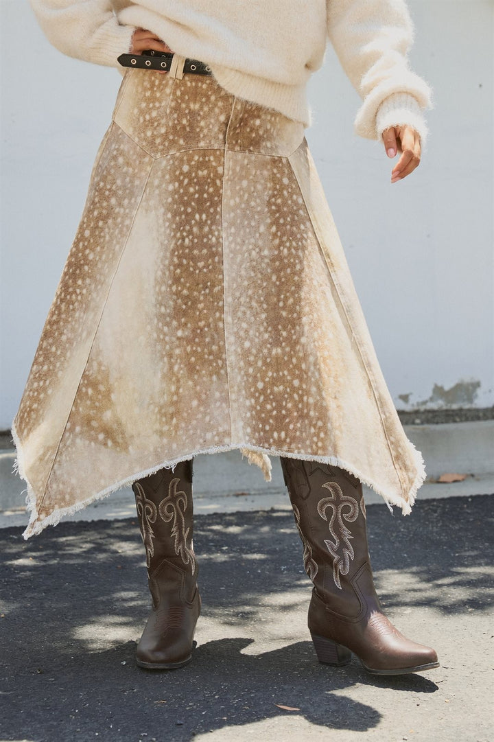 Fawn Bambi Print Hi Low Maxi Skirt Boho Western Cowgirl  in Khaki - Women's Wholesale Skirts | Trend Notes