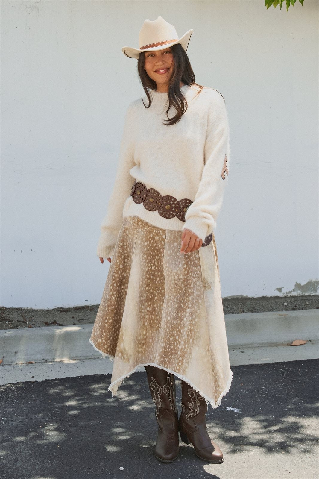Fawn Bambi Print Hi Low Maxi Skirt Boho Western Cowgirl  in Khaki - Women's Wholesale Skirts | Trend Notes