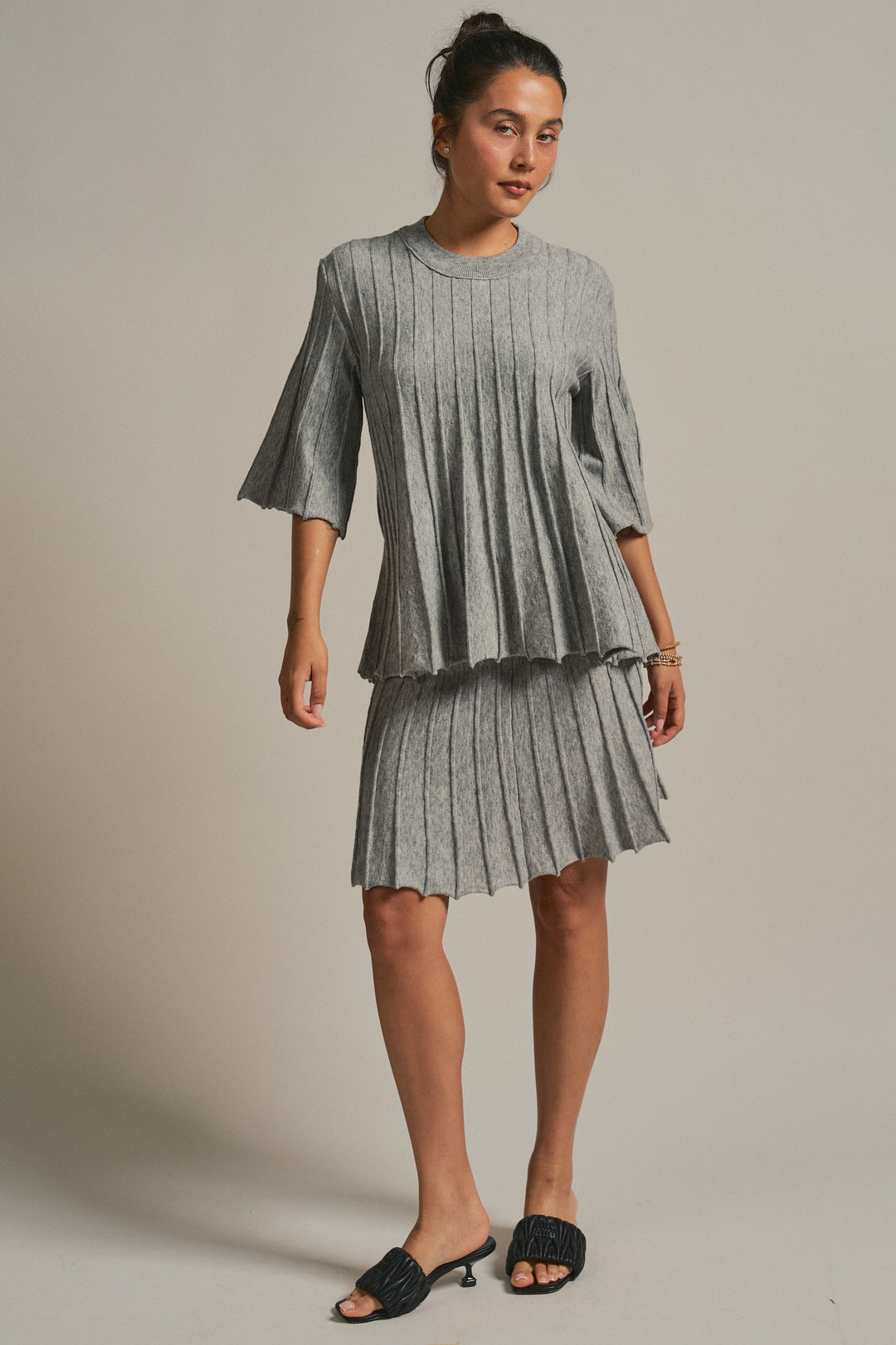Pleated Knit Flowy Mini Skirt in Grey - Women's Wholesale Maxi Skirts | Trend Notes