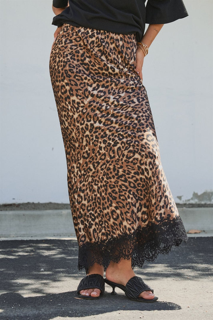 Leopard Print Lace Hem Maxi Skirt in Leopard - Women's Wholesale Skirts | Trend Notes