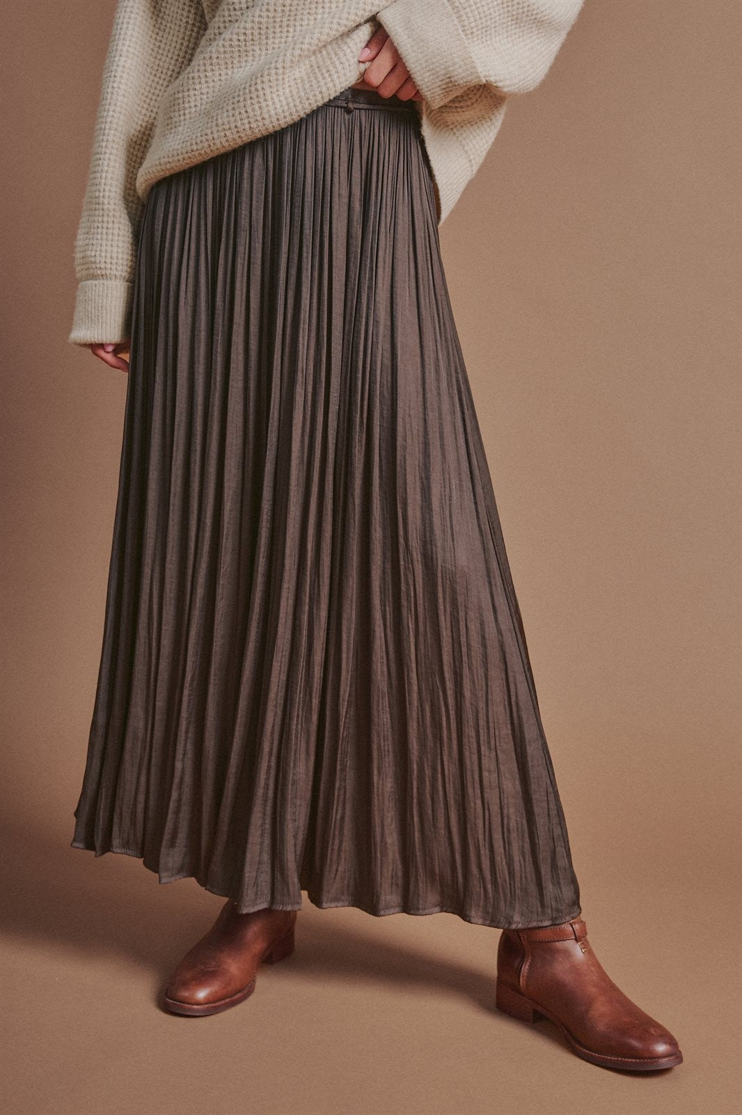 Washed Satin Crinkle Pleated Maxi Skirt in Brown - Women's Wholesale Skirts | Trend Notes