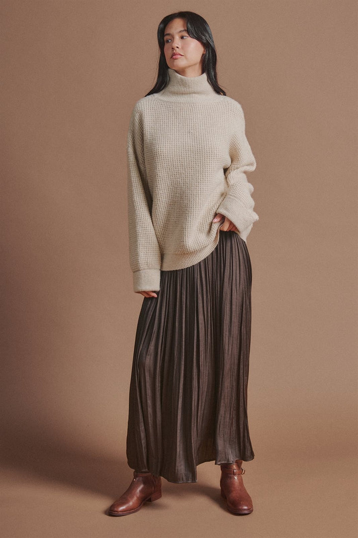 Washed Satin Crinkle Pleated Maxi Skirt in Brown - Women's Wholesale Skirts | Trend Notes