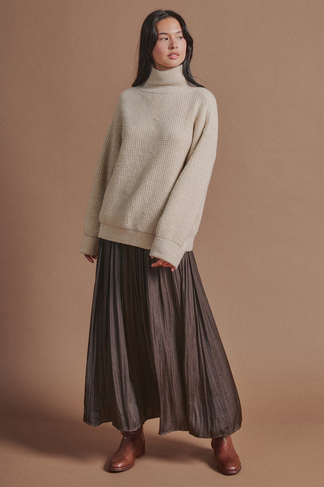 Washed Satin Crinkle Pleated Maxi Skirt in Brown - Women's Wholesale Skirts | Trend Notes