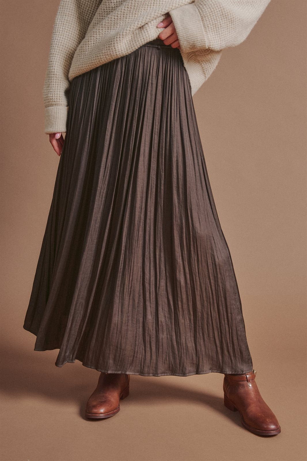 Washed Satin Crinkle Pleated Maxi Skirt in Brown - Women's Wholesale Skirts | Trend Notes