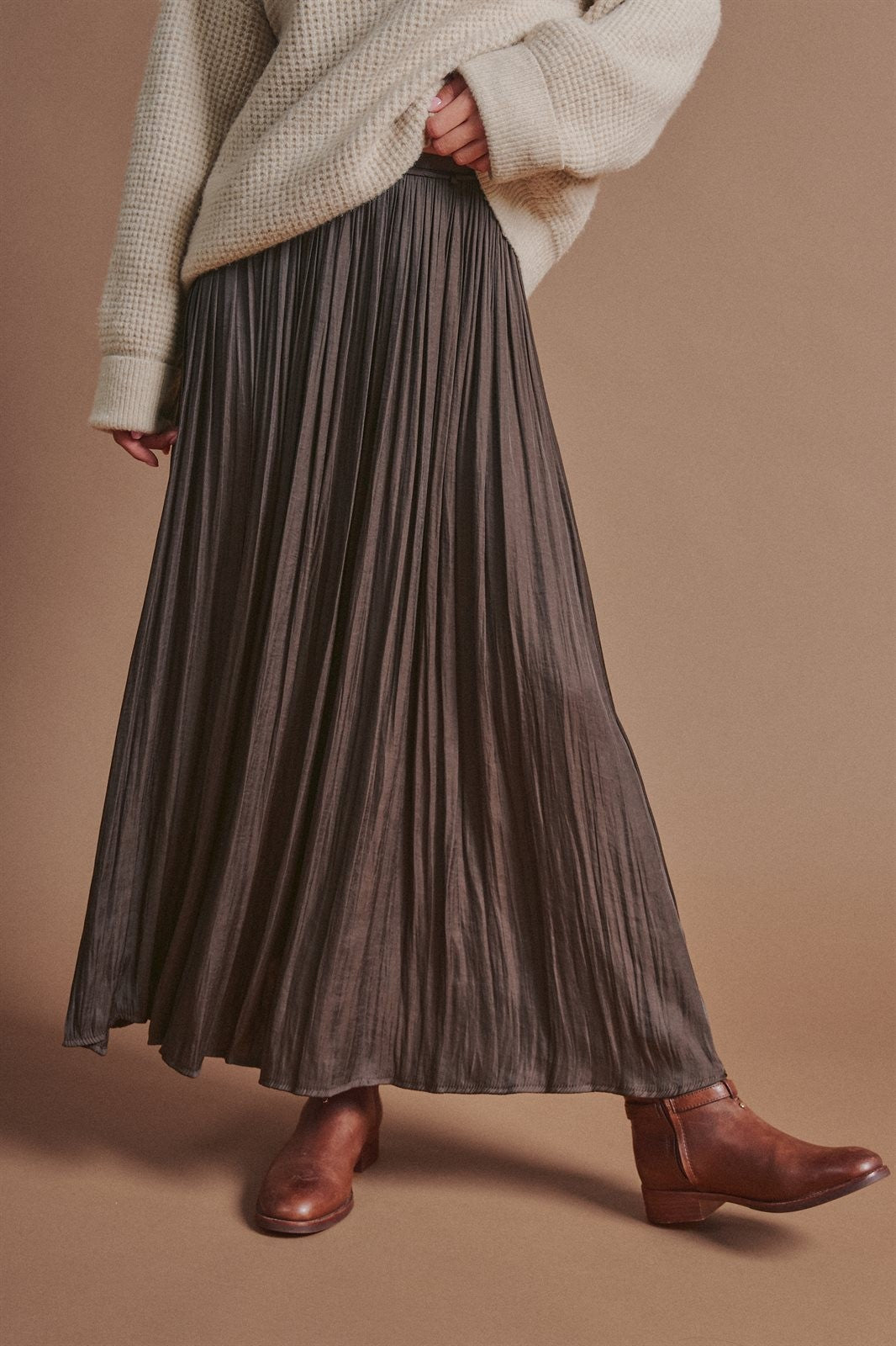 Washed Satin Crinkle Pleated Maxi Skirt in Brown - Women's Wholesale Skirts | Trend Notes