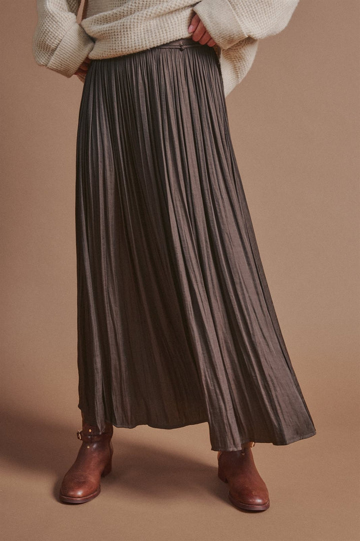 Washed Satin Crinkle Pleated Maxi Skirt in Brown - Women's Wholesale Skirts | Trend Notes
