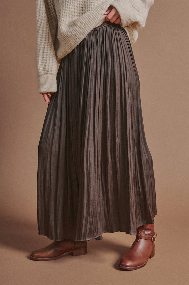 Washed Satin Crinkle Pleated Maxi Skirt in Brown - Women's Wholesale Skirts | Trend Notes