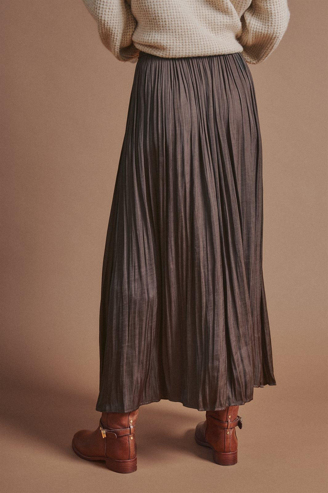 Washed Satin Crinkle Pleated Maxi Skirt in Brown - Women's Wholesale Skirts | Trend Notes