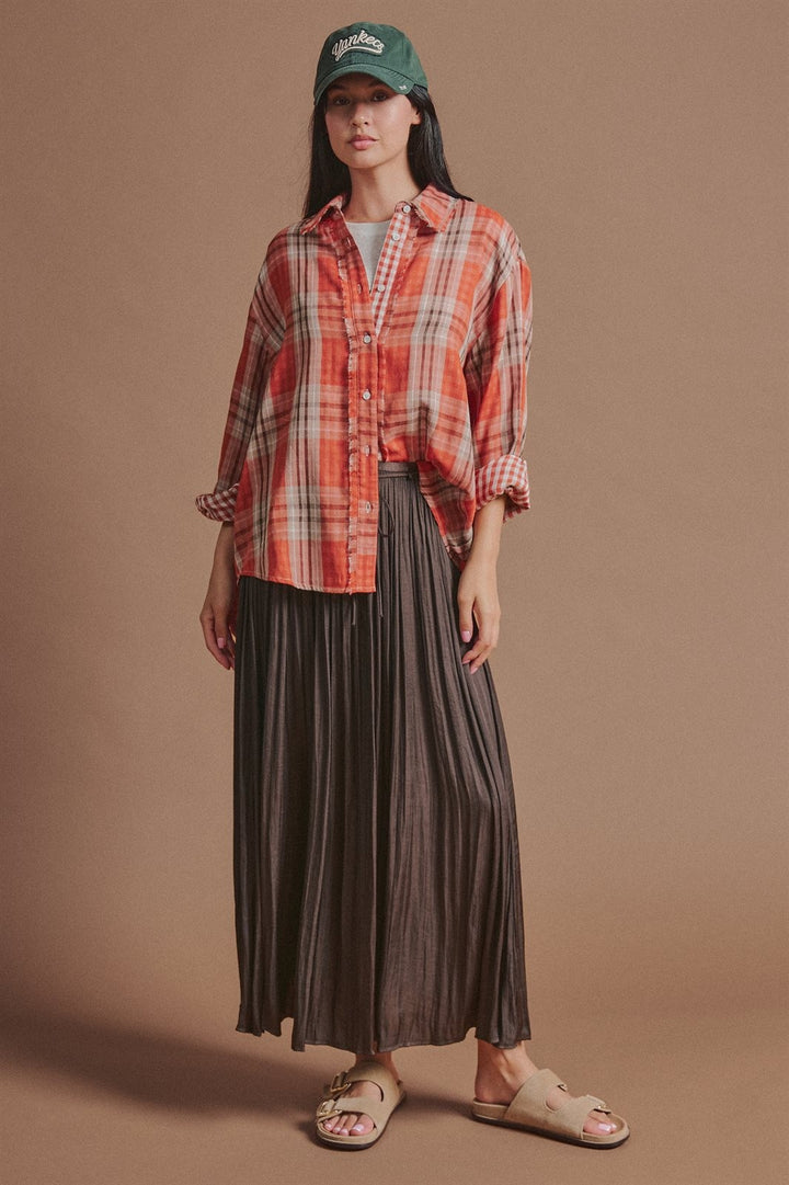 Washed Satin Crinkle Pleated Maxi Skirt in Brown - Women's Wholesale Skirts | Trend Notes